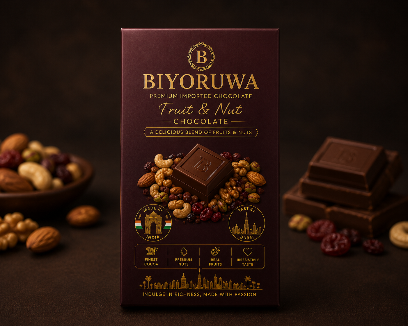 Biyoruwa Fruit and Nut premium chocolate packaging